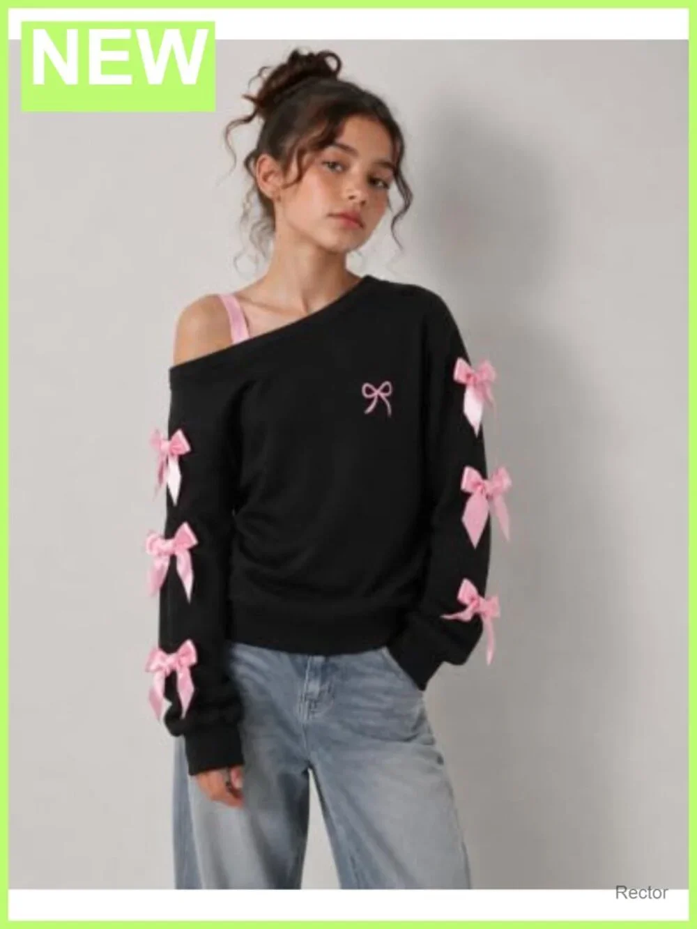 Girls Off Shoulder Bow Graphic Long Sleeve Sweatshirt Pullover Top